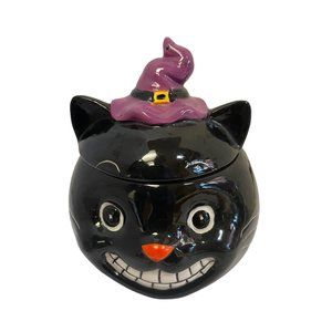 MAXCERA Black Witch Cat Halloween Candy Dish Cannister Jar Ceramic‎ 4 x 4 1/2"